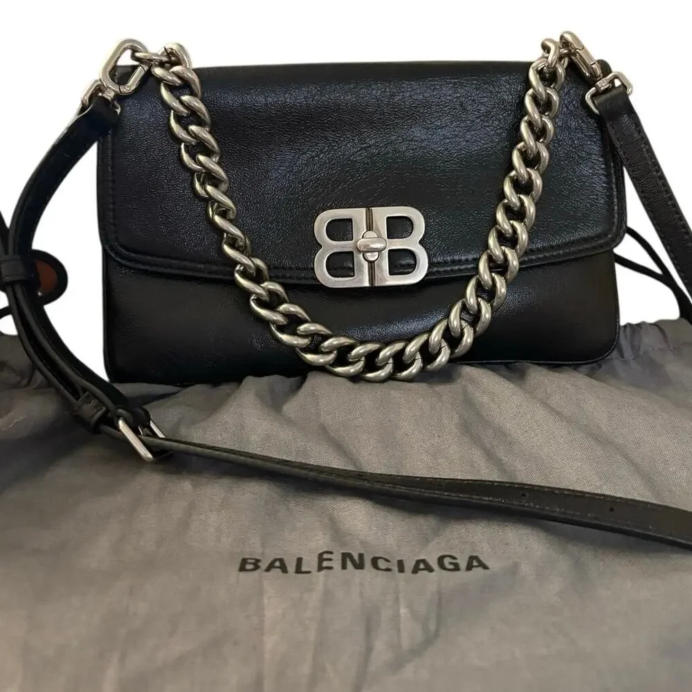 Balenciaga BB Soft Flap Smartphone Crossbody Bag Black Leather Dust Bag - Picture 1 of 15